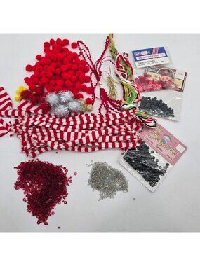 Assorted Craft Supplies Pom-Poms Sequins Beads Thread Ribbon Red White
